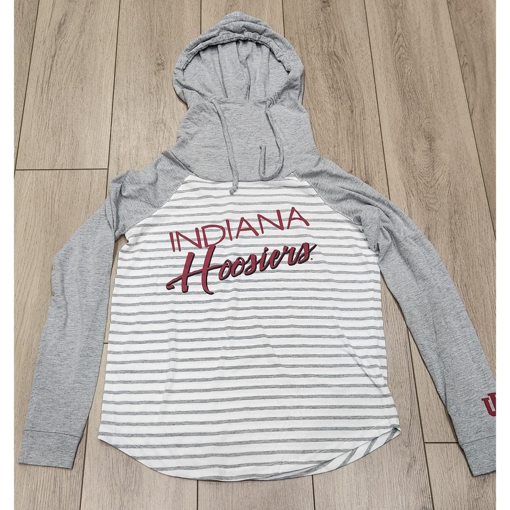 Indiana Hoosiers NCAA Women's Gray White Striped Hooded Pullover Shirt Top Small